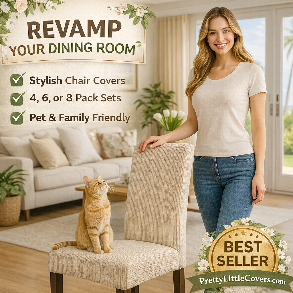 Woman with a cat on a chair in a living room with promotional text about chair covers.