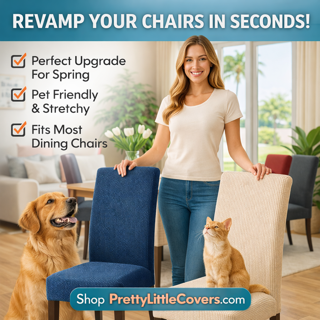 Woman with a dog and cat standing next to upholstered chairs with promotional text about chair covers.